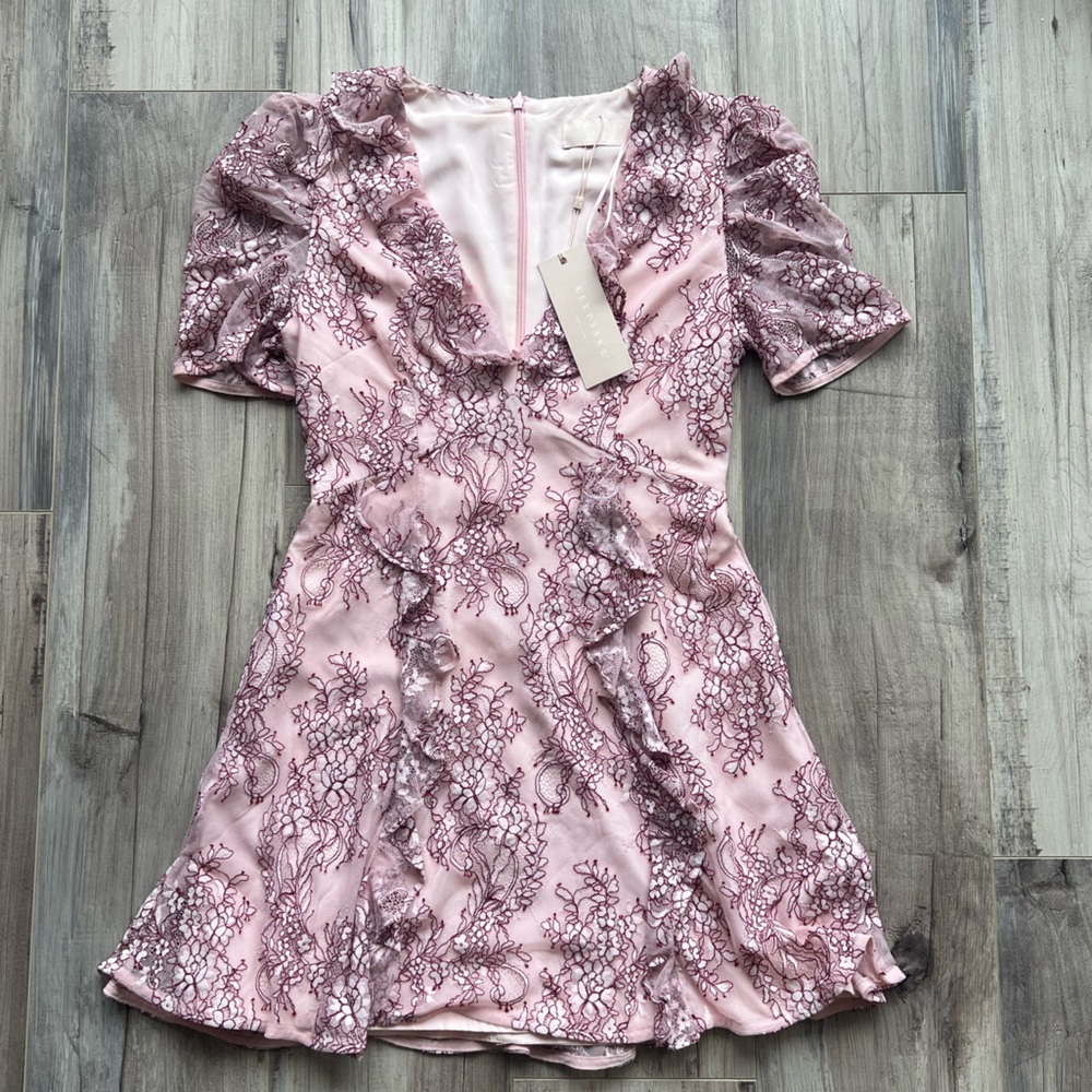 KEEPSAKE Light Pink Burgundy Lace-Overlay Dress